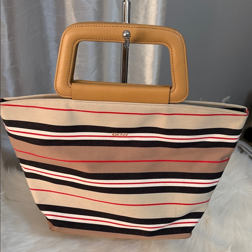 DKNY Multicolor Striped Tote with Tan Handle